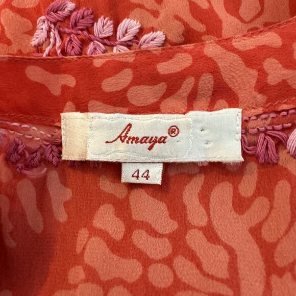 Amaya 100% Silk Embroidered Tunic Top Sz 44 US L Pink Coral Tropical Boho Flowy - Picture 7 of 13